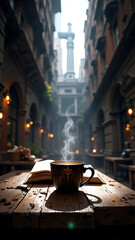 "Steaming Cup of Coffee on Rustic Wooden Table in Cozy Sunlit Library"
