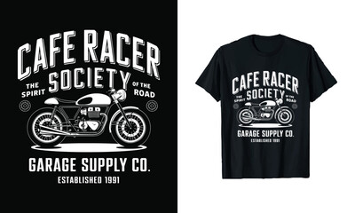 Cafe Racer Society T-Shirt Design - Classic Motorcycle Graphic Celebrating the Spirit of the Road, Ideal for Bikers and Motorcycle Enthusiasts, Garage Supply Co. Established 1991