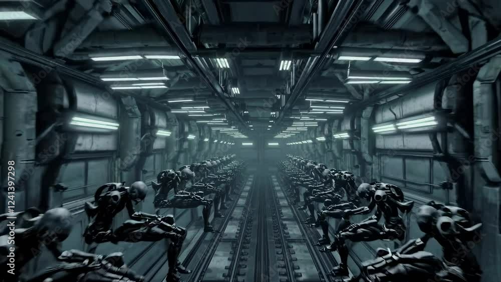 Poster long rows of deactivated robots are lined up inside a mysterious, dimly lit spaceship hangar, evokin