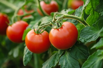 Close-up of juicy red tomatoes ripening on the vine, promising a delicious harvest