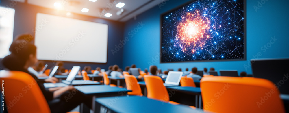 Poster modern classroom featuring digital whiteboards and desks, with students engaged in learning. vibrant
