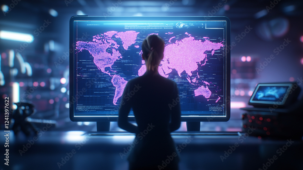 Poster person stands in front of large screen displaying world map with digital data in vibrant pink hues, 