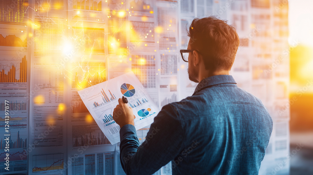 Poster professional financial analyst examines various graphs and charts, analyzing data for insights. scen