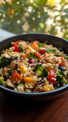 Brown rice with roasted vegetables and soy glaze.