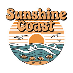 Sunshine Coast T-Shirt Design - Vibrant Graphic Featuring Waves, Sun, and Umbrellas, Perfect for Beach Lovers Embracing the Joy of Coastal Living