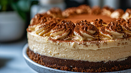 A 45-degree close-up shot of Tiramisu Cheesecake, emphasizing its intricate textures and vibrant details. The soft depth of field enhances the creamy layers, making the dish look irresistible and eleg