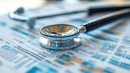 Close-up of a stethoscope resting on medical documents with data and charts in a clinical setting