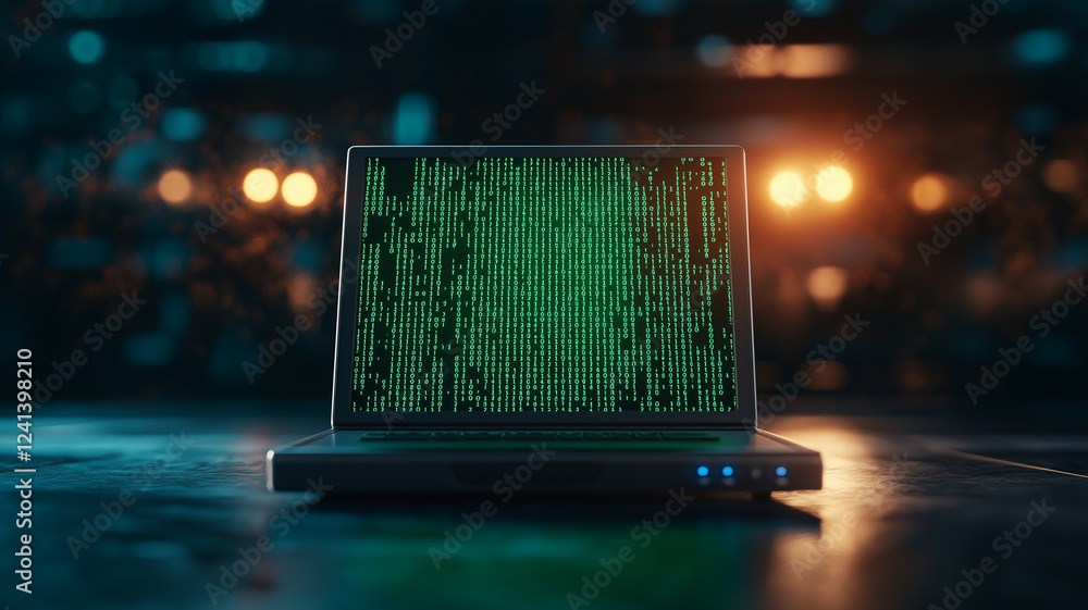 Aufkleber retro laptop displaying green matrix code on screen, set in dimly lit environment with glowing light