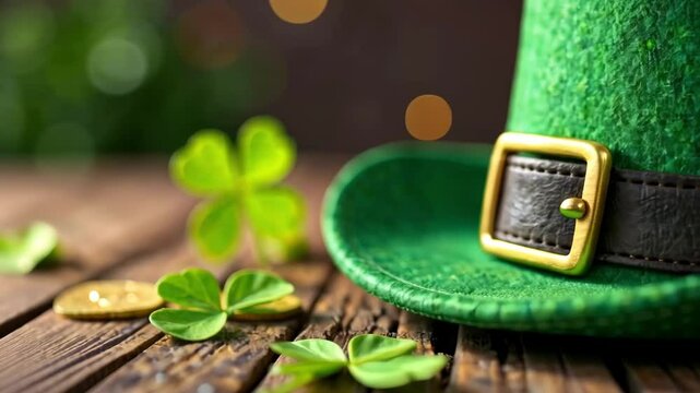 Saint Patrick's Day background with A green shamrock hat with a gold buckle sits on a wooden table. The hat is surrounded by three green shamrocks, which are placed on the table in a row
