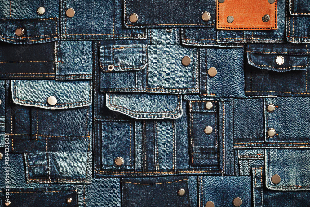 Poster textured denim pocket pattern showcasing rivets and stitching in a rugged casual design for versatil