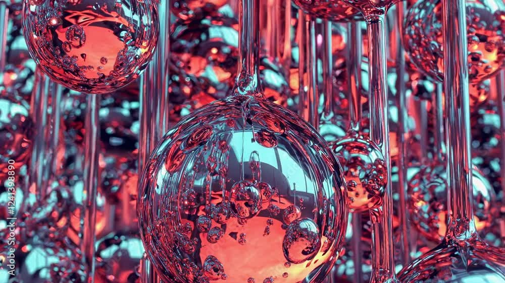 Poster Abstract pink sphere texture moves in fluid waves, blending vibrant hues. Light reflections on each sphere intensify abstract visual depth. Flowing texture amplifies artistic expression and movement.