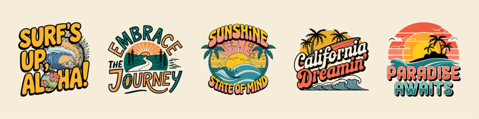 T-Shirt Design Collection Featuring Vibrant Graphics of Surfing, Sunshine, California Dreaming, and Paradise Vibes - Perfect for Beach Lovers and Adventure Seekers Embracing Coastal Lifestyle © Vectyx