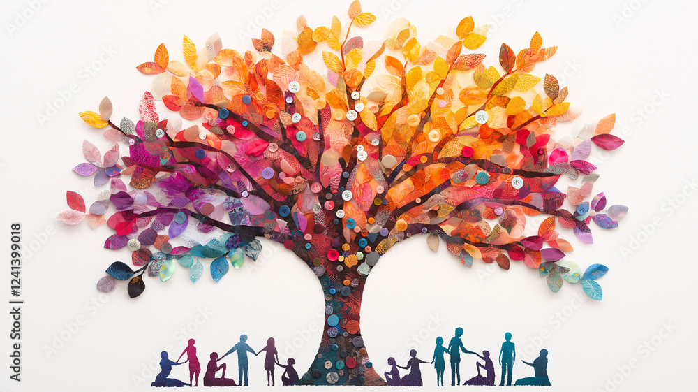 Poster vibrant and colorful tree of life made from various materials, showcasing spectrum of warm hues and 