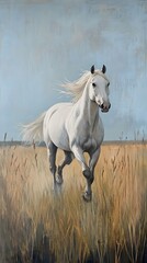 Obraz premium 4. A white horse running through a field of tall grass, under a pale blue sky