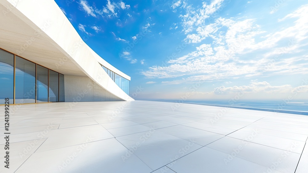 Poster an abstract modern concrete architecture in white, rendered in 3d, with an empty cement floor and mi
