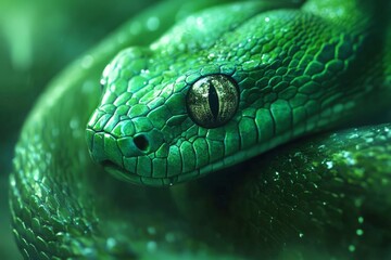 Fototapeta premium Close-up of a green snake with intricate scales and piercing eyes
