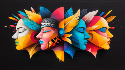 Obraz premium Vibrant street art mural featuring multiple colorful faces with intricate details and feather motifs, showcasing artistic expression and cultural themes