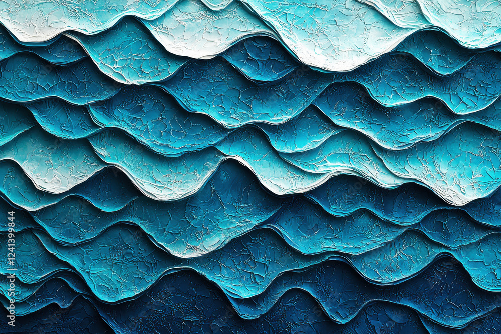 Poster textured pattern of ocean waves in deep blue and turquoise with white foam highlights creates a soot