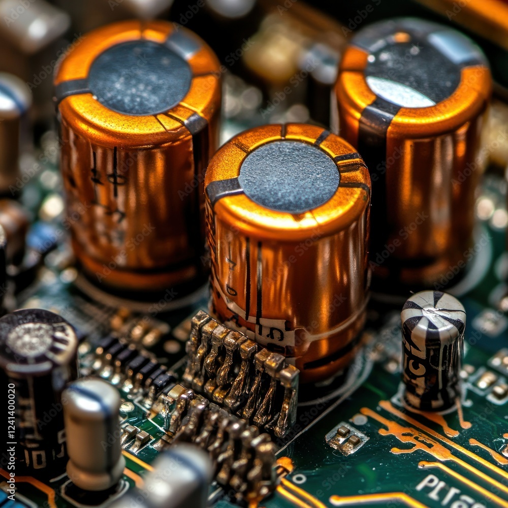 Poster transistor pcb macro with powerful transistors capacitors large enough for power control background 
