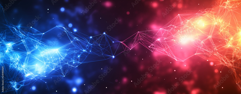 Poster abstract digital grid background with glowing lights in blue and red hues, creating vibrant and dyna