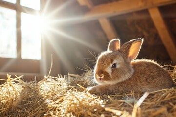 Bunny rabbit resting rustic barn serene moment cozy environment warm sunlight peaceful viewpoint