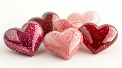 Clustered pastel hearts in pink and red shades with soft shadows on white-4