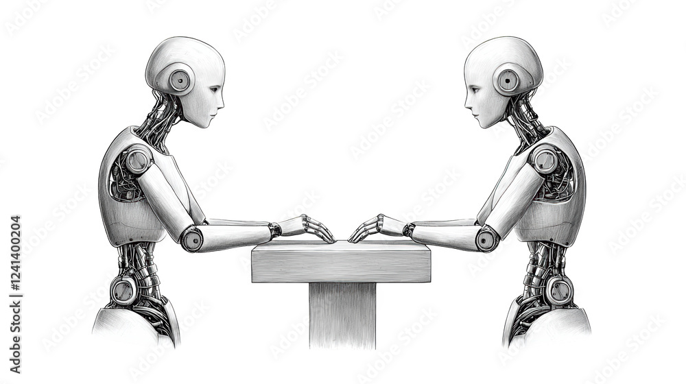 Poster two advanced robots performing a formal handshake across table, symbol of technological cooperation 