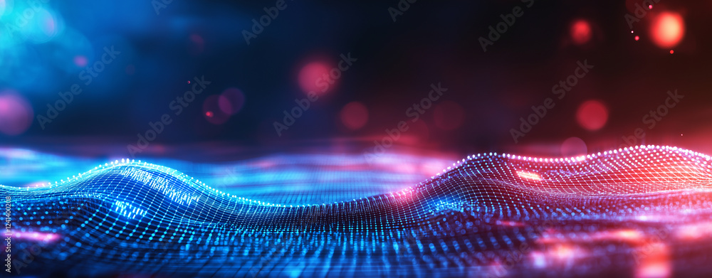 Poster vibrant digital landscape with glowing lights and abstract waves, creating mesmerizing visual effect
