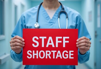 Healthcare worker in scrubs holding a red sign indicating staff shortage in a medical facility. Health workforce shortage, health human resources (HHR) crisis