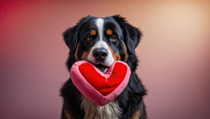 Adorable Bernese Mountain Dog Holding Heart-Shaped Pillow in Studio