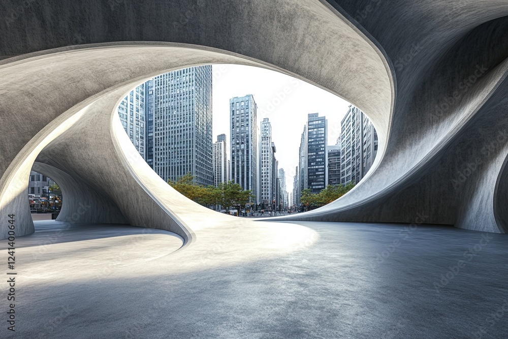 Poster an array of abstract futuristic architectural structures with a bare concrete floor, created for car