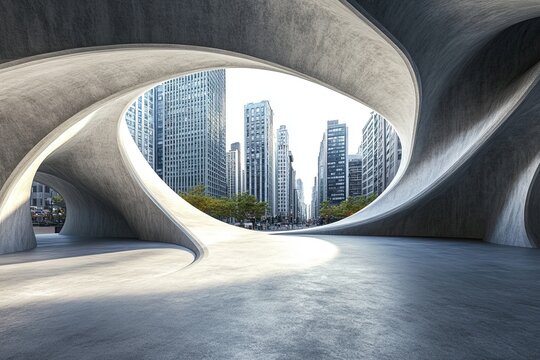 An array of abstract futuristic architectural structures with a bare concrete floor, created for car presentation events