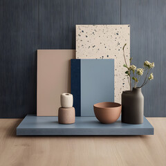 Interior design mood-board with natural materials, fabric swatches and wooden, ceramic tiles elements