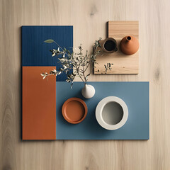Interior design mood-board with natural materials, fabric swatches and wooden, ceramic tiles elements