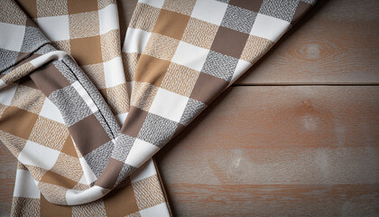 Obraz premium Detailed shot of patterned flannel fabric layered over rustic wooden table, cozy ambiance