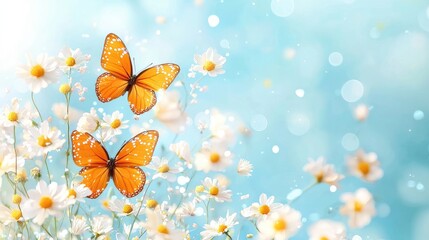 Butterflies flying over daisies in a spring meadow. Perfect for greeting cards or spring themes