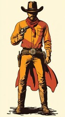 Obraz premium Wild West cowboy with a lasso and revolver in hand, ready for action, showcasing the rugged spirit and frontier lifestyle of the American cowboy in a Western setting.
