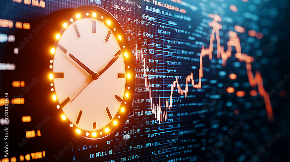 Poster close up of digital clock on wall, illuminated with glowing lights, set against backdrop of financia