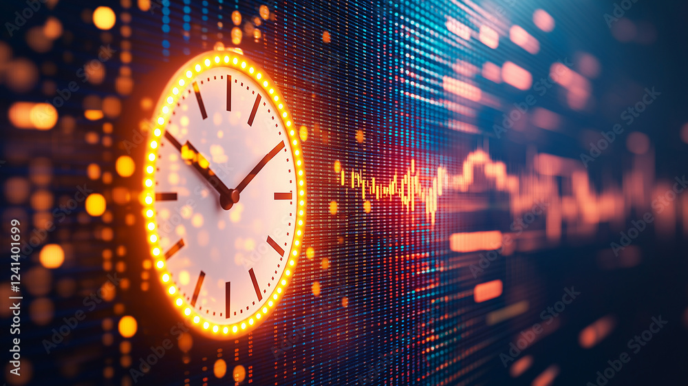 Poster digital clock on wall with glowing lights, displaying time and data visualization. vibrant colors cr
