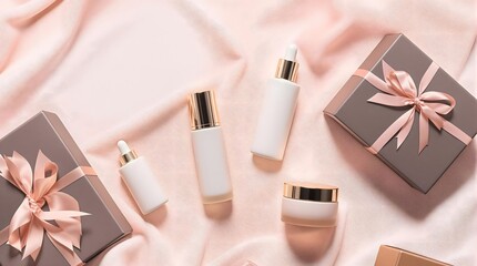 Various cosmetic products and gift boxes on soft, pink fabric background. Ready for branding, mockup design.