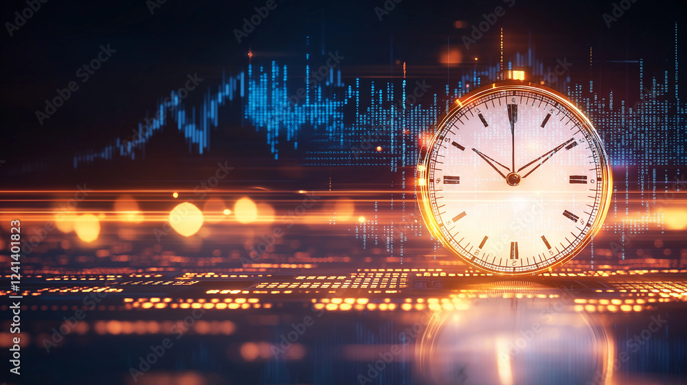 Poster close up of large clock on stock trading board, symbolizing time in finance. glowing elements and di