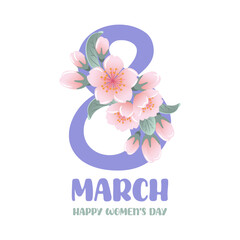 A vibrant vector illustration for International Womens Day features the number 8 surrounded by beautiful cherry blossoms, symbolizing spring and renewal. banner design captures joy and celebration.