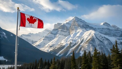 Canadian flag and beautiful mountain landscape