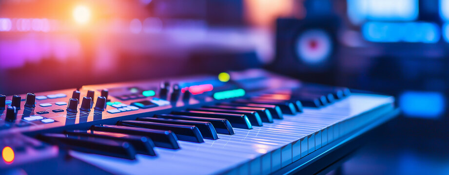 Close up of modern music production studio featuring keyboard, colorful lights, and vibrant atmosphere. scene captures essence of creativity and sound