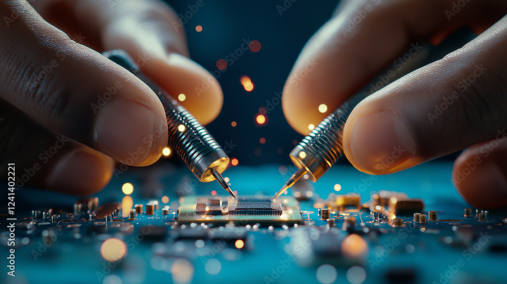 Poster close up of hands working on circuit board with tools, showcasing precision and focus. sparks and de