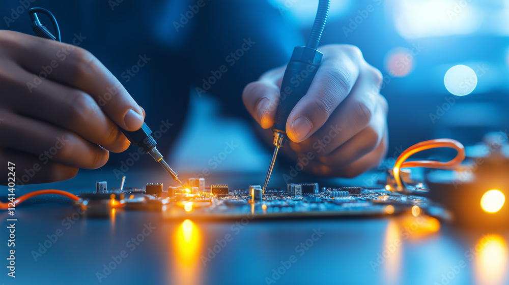 Poster close up of hands using tools to solder components on circuit board, showcasing precision and focus 