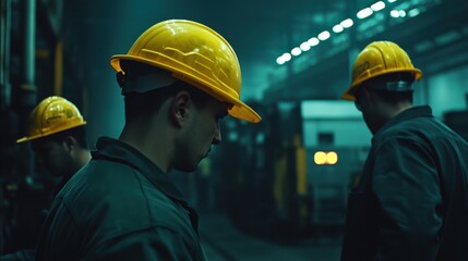 Workers Inspecting Equipment in Dimly Lit Factory