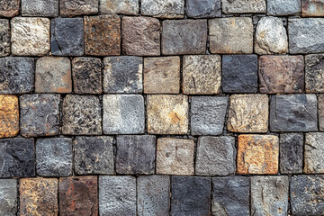 Fototapeta premium Textured arrangement of stone bricks showcasing rustic shades of gray and brown for architectural design