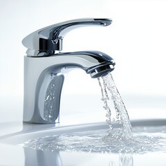 Modern chrome faucet with flowing water and splashing drops isolated on white background enhances bathroom elegance and functionality