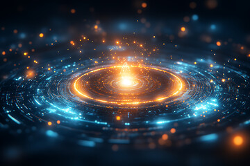An abstract digital background representing the Shambhala awakening system, featuring interconnected data points and glowing lines in blue and black hues, symbolizing a path to enlightenment through m